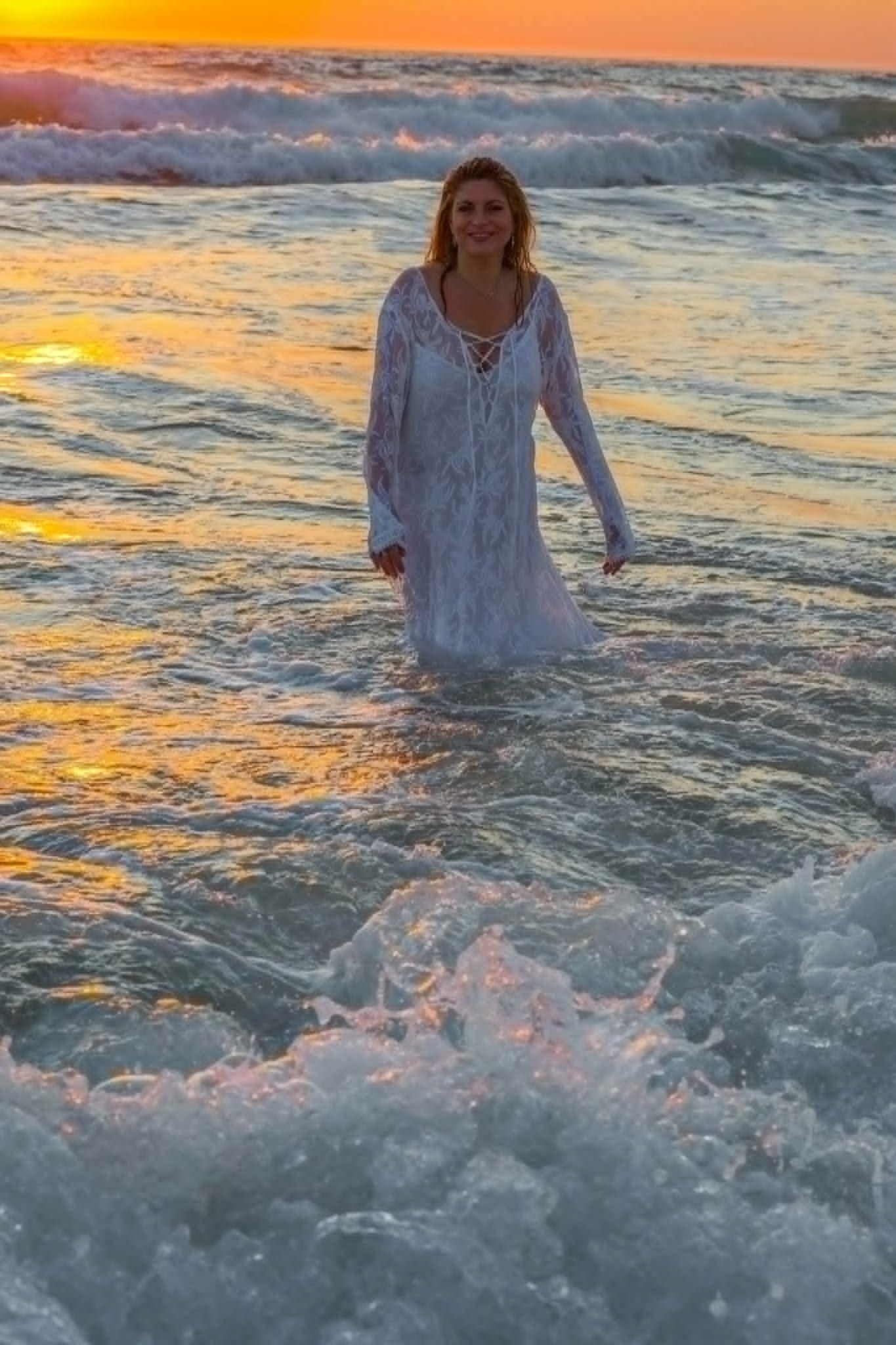 Maria Therase in the ocean on the NSW South Coast at sunset